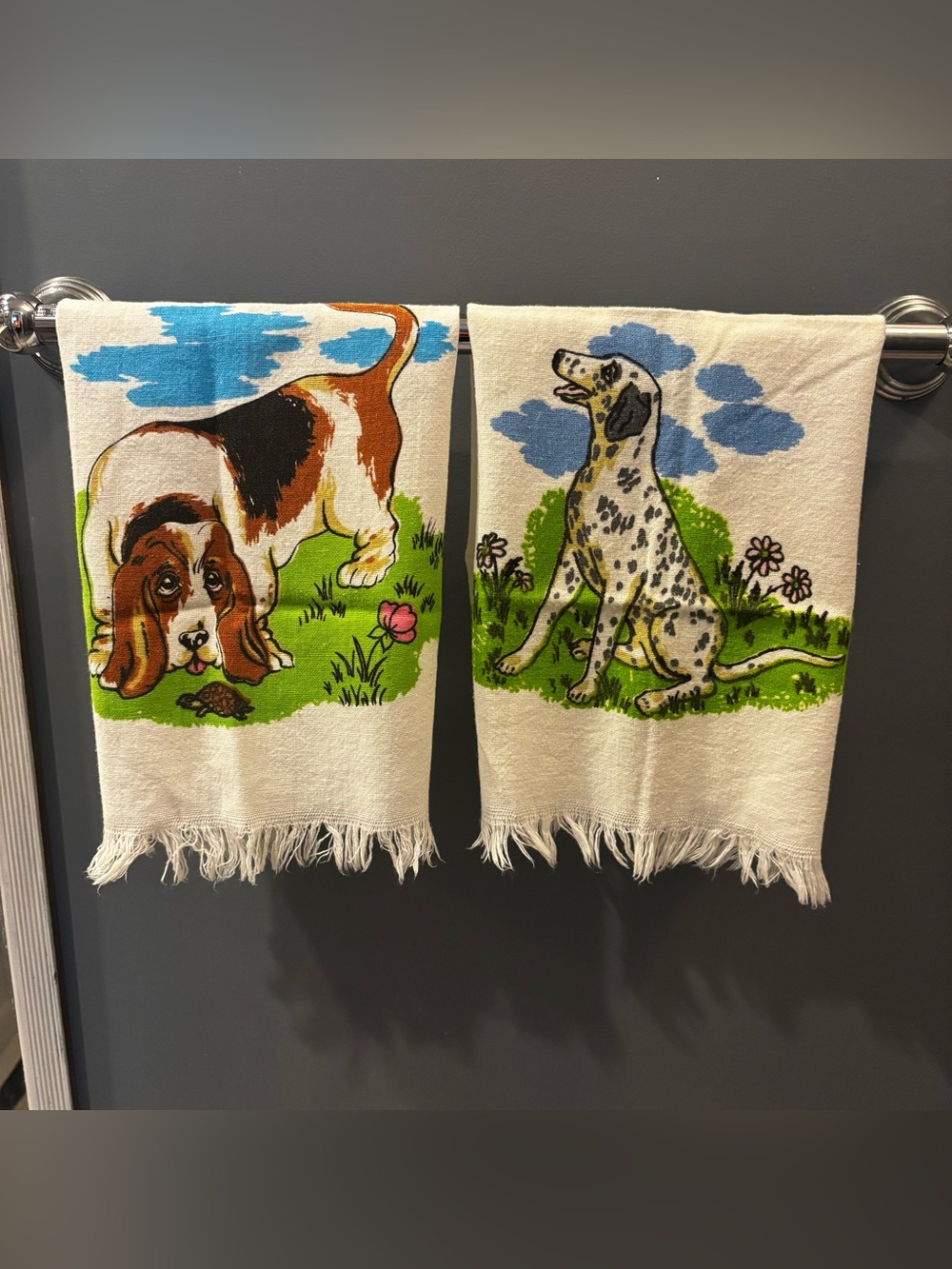 Dog Print Fringe Hand Towels vintage basset hound dalmation white retro